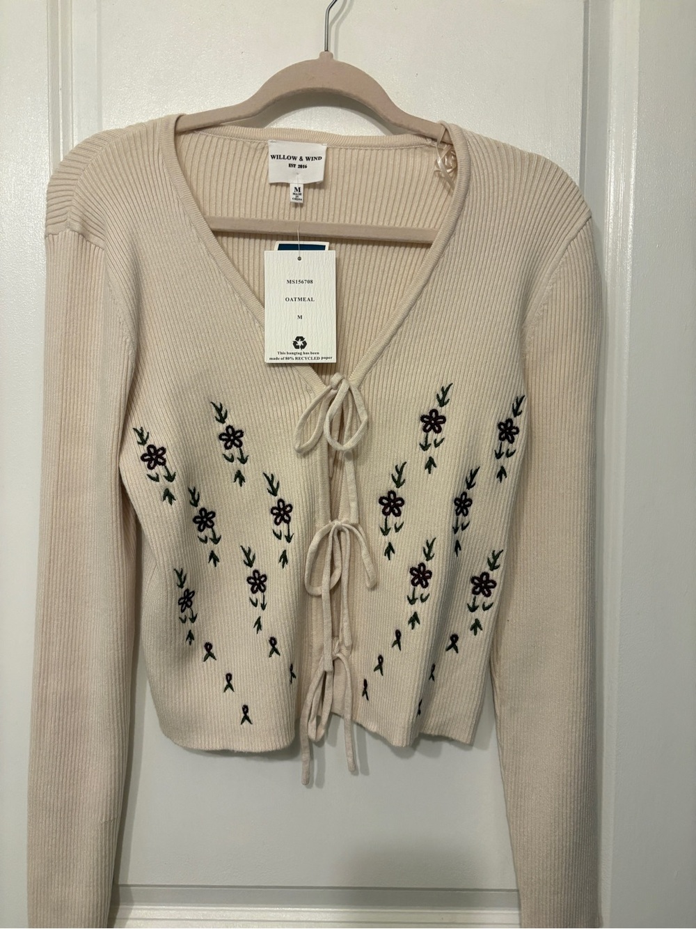 Willow & Wisp Oatmeal Floral Tie-Front Ribbed Cardigan